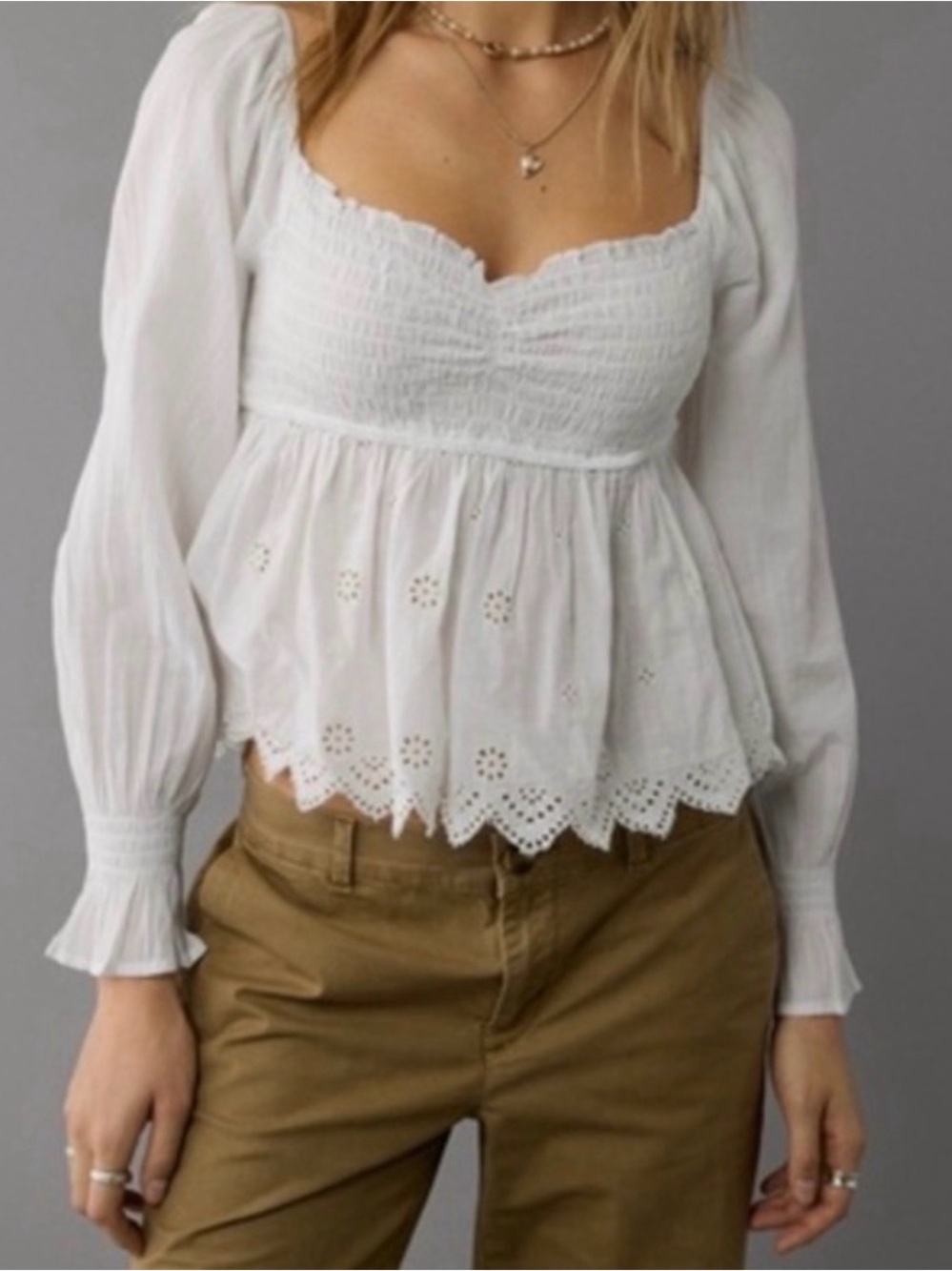 American Eagle Cotton White Peasant Cottagecore Eyelet Scalloped Edge Top